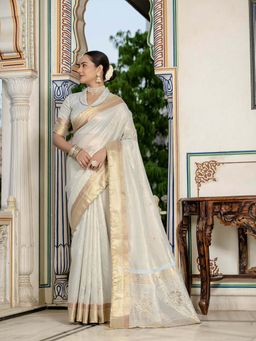 MEENA BAZAAR - Embroidered Blue Saree without Blouse