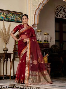 MEENA BAZAAR - Embroidered Maroon Saree without Blouse