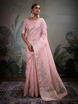 MEENA BAZAAR - Embroidered Pink Saree without Blouse