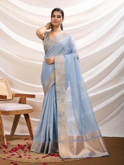 MEENA BAZAAR - Embroidered Blue Saree without Blouse