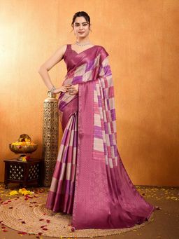MEENA BAZAAR - Checks Woven Magenta Saree without Blouse