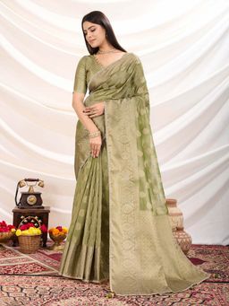 MEENA BAZAAR - Woven Green Saree without Blouse