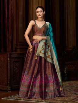 PURVAJA - Brown Kanjivaram Zari Stitched Lehenga with Unstitched Choli and Dupatta