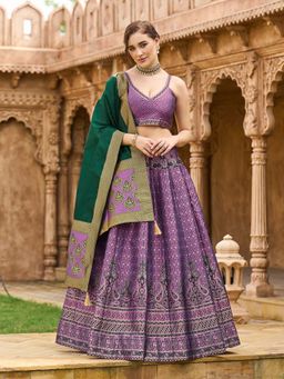 PURVAJA - Kanjivaram Purple Embellished Stitched Lehenga with Unstitched Choli and Dupatta