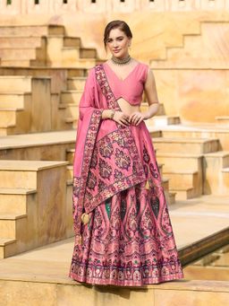 PURVAJA - Women Pink Embellished Jacquard Stitched Lehenga with Unstitched Choli and Dupatta