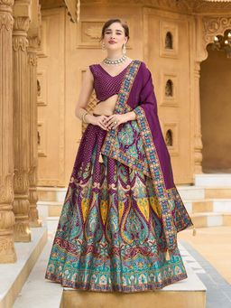 PURVAJA - Women Zari Jacquard Wine Stitched Lehenga with Unstitched Choli and Dupatta