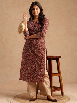 Vbuyz - Women Floral Print With Lace Work Straight Cotton Brown Kurta