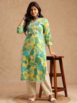 Vbuyz - Women Light Green Floral Printed Straight Cotton Kurta