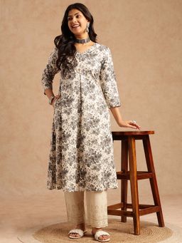 Vbuyz - Women Grey Floral Print A-Line Cotton Flex Kurta