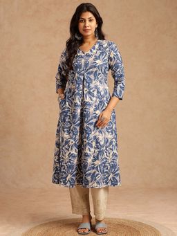 Vbuyz - Women Blue Floral Print A-Line Cotton Flex Kurta