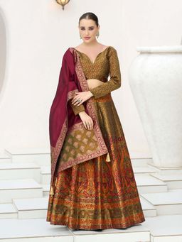PURVAJA - Zari Kanjivaram Olive Stitched Lehenga with Unstitched Choli and Dupatta