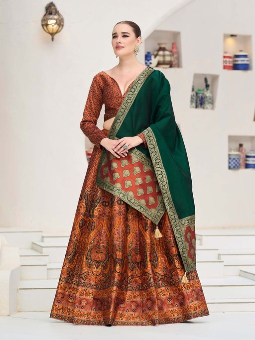 PURVAJA Rust Zari Kanjivaram Stitched Lehenga with Unstitched Choli and Dupatta