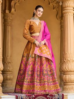 PURVAJA - Yellow Kanjivaram Zari Stitched Lehenga with Unstitched Choli and Dupatta