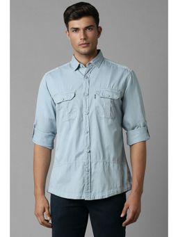 Louis Philippe - Men Blue Solid Full Sleeves Slim Fit Casual Shirt