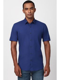 Peter England - Men Blue Textured Half Sleeves Slim Fit Casual Shirt