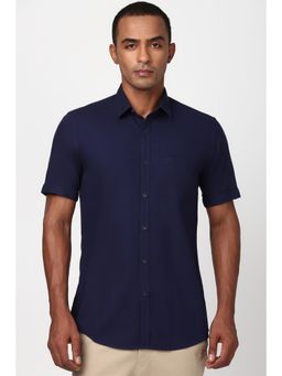 Peter England - Men Navy Blue Solid Half Sleeves Slim Fit Casual Shirt