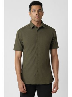 Van Heusen - Men Olive Textured Half Sleeves Skinny Fit Party Shirt
