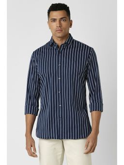 Van Heusen - Men Navy Blue Stripes Full Sleeves Slim Fit Casual Shirt