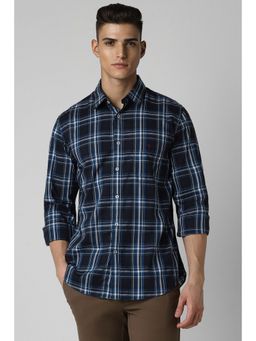 Van Heusen - Men Navy Blue Checks Full Sleeves Slim Fit Casual Shirt