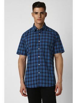 Van Heusen - Men Blue Checks Half Sleeves Slim Fit Casual Shirt