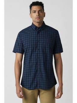 Van Heusen - Men Navy Blue Checks Half Sleeves Slim Fit Casual Shirt