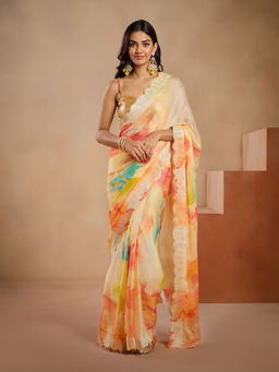 Gajra Gang - Rangeen Gypsy Orange Water Colour Print Diamonte Chinon Saree GGSAR07 (Free Size)