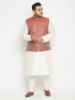 Vastramay - Men Cream Silk Blend Jacket Kurta Churidar