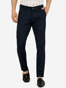 Greenfibre - Mens 100% Cotton Solid Dark Navy Blue Slim Fit Casual Trouser