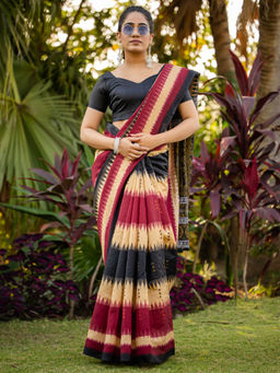 Akhilam - Women Maroon Silk Blend Saree with Unstitched Blouse