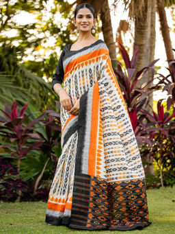 Akhilam - Women White Silk Blend Saree with Unstitched Blouse