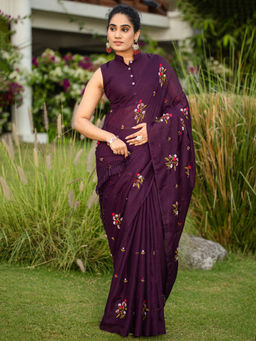 Akhilam - Women Purple Kota Saree with Unstitched Blouse