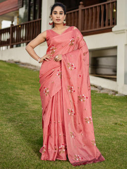 Akhilam - Women Pink Kota Saree with Unstitched Blouse