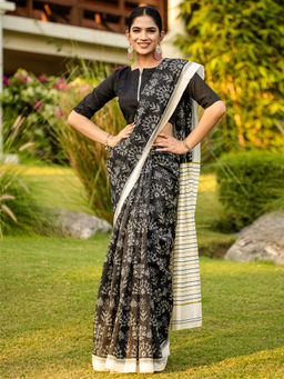 Akhilam - Women Black Silk Blend Saree with Unstitched Blouse