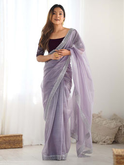 Akhilam - Women Lavender Net Saree with Unstitched Blouse