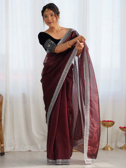 Akhilam - Women Maroon Net Saree with Unstitched Blouse