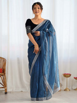 Akhilam - Women Blue Net Saree with Unstitched Blouse