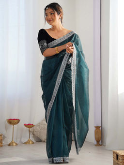 Akhilam - Women Teal Net Saree with Unstitched Blouse
