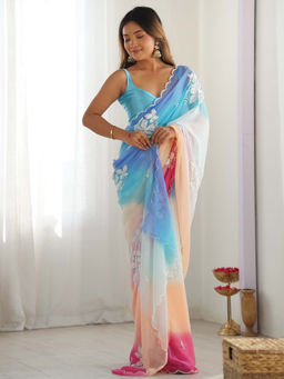 Akhilam - Women Blue Georgette Saree with Unstitched Blouse