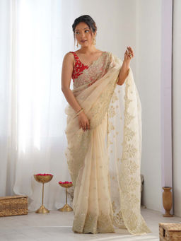 Akhilam - Women Beige Organza Saree with Unstitched Blouse