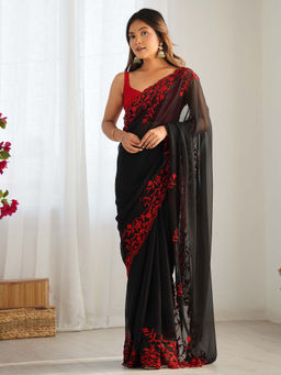 Akhilam - Women Black Georgette Saree with Unstitched Blouse
