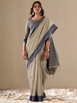 Akhilam - Women Beige Cotton Blend Saree with Unstitched Blouse