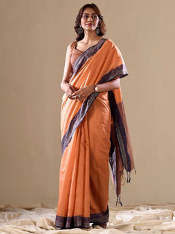 Akhilam - Women Orange Cotton Blend Saree with Unstitched Blouse