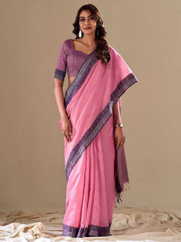 Akhilam - Women Pink Cotton Blend Saree with Unstitched Blouse