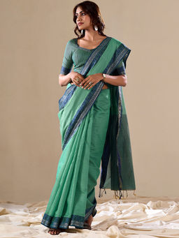 Akhilam - Women Teal Cotton Blend Saree with Unstitched Blouse