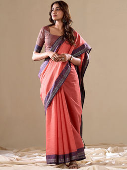 Akhilam - Women Rust Cotton Blend Saree with Unstitched Blouse