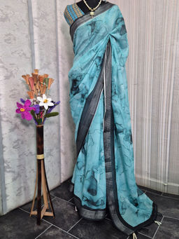 Akhilam - Women Blue Linen Blend Saree with Unstitched Blouse
