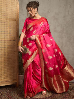 Akhilam - Women Pink Silk Saree with Unstitched Blouse