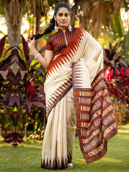 Akhilam - Women Brown Silk Blend Saree with Unstitched Blouse