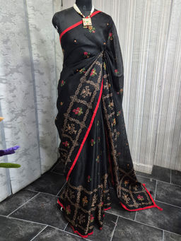 Akhilam - Women Black Jute Saree with Unstitched Blouse