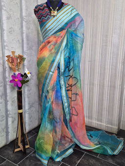 Akhilam - Women Blue Organza Saree with Unstitched Blouse